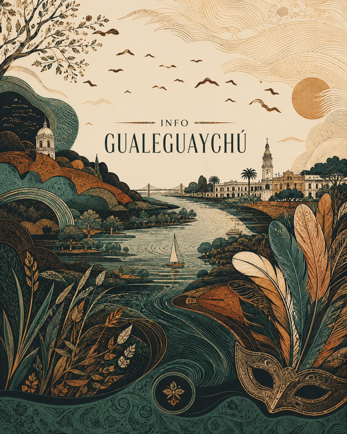 Ilustración editorial de Gualeguaychú con el río, la ciudad, la naturaleza y el carnaval