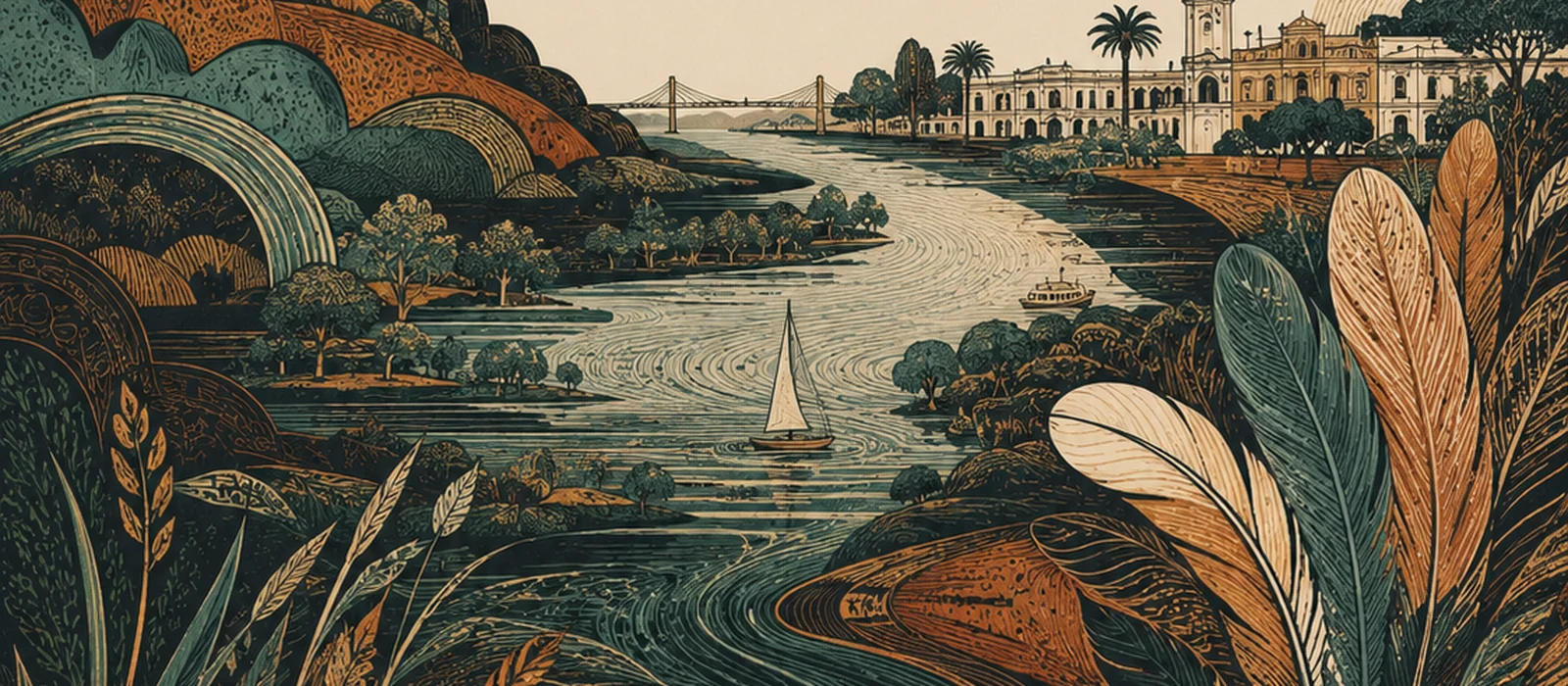 Ilustración editorial del río y la ciudad de Gualeguaychú